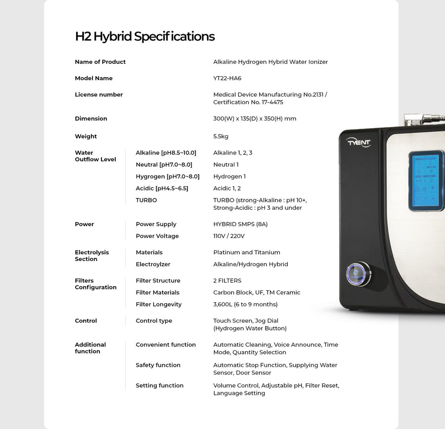 Tyent Water Ionizer H2 Hybrid