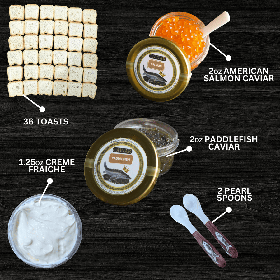 Real Gourmet Food Caviar Gift Bundle America Voyage: Salmon and Paddlefish Duo