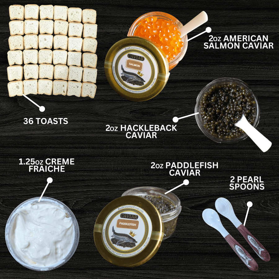 Real Gourmet Food Caviar Gift Bundle American Dreams: Shining Sea Collection - Hackleback, Paddlefish, Salmon