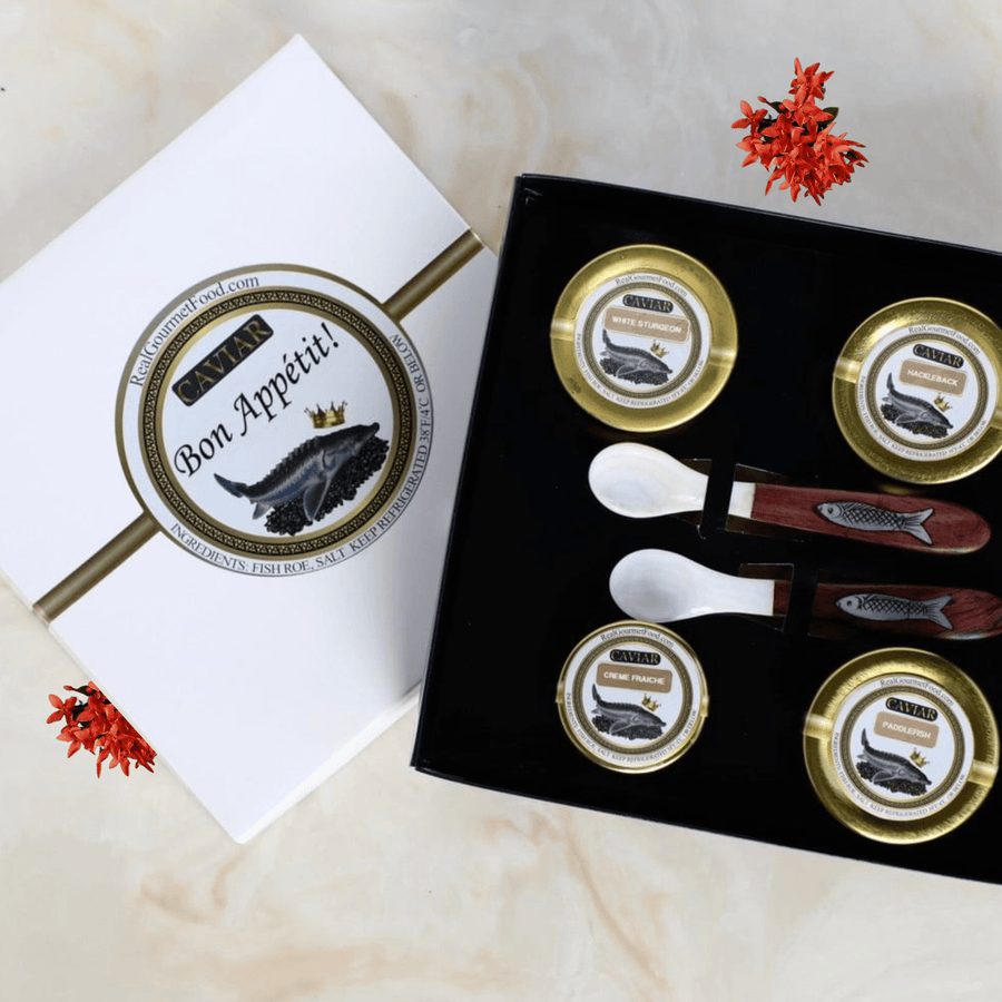 Real Gourmet Food Caviar Gift Bundle American Gem Trio: White Sturgeon, Hackleback, Paddlefish