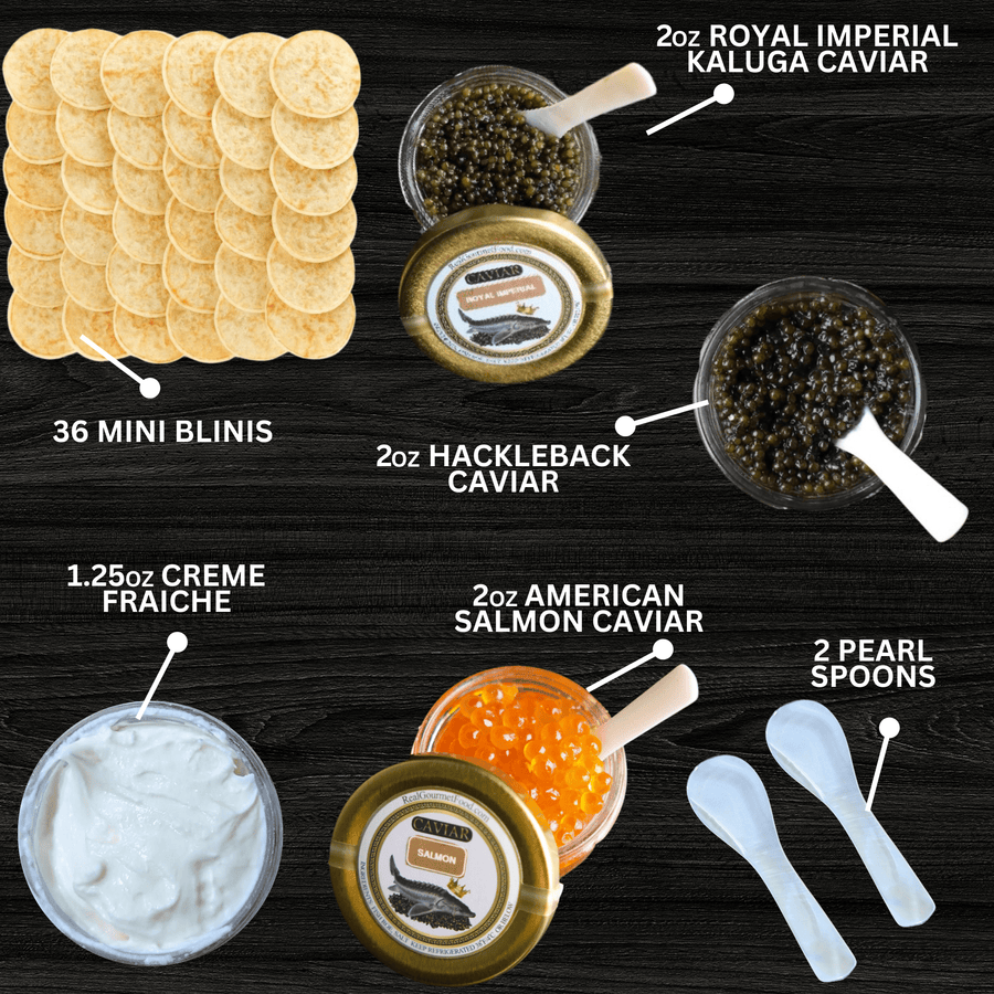 Real Gourmet Food Caviar Gift Bundle Crowned Troika: Royal Imperial Kaluga, Hackelback, and Keta