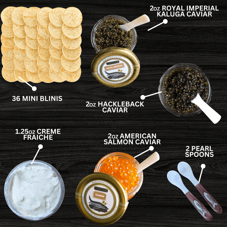 Real Gourmet Food Caviar Gift Bundle Crowned Troika: Royal Imperial Kaluga, Hackleback, and Keta