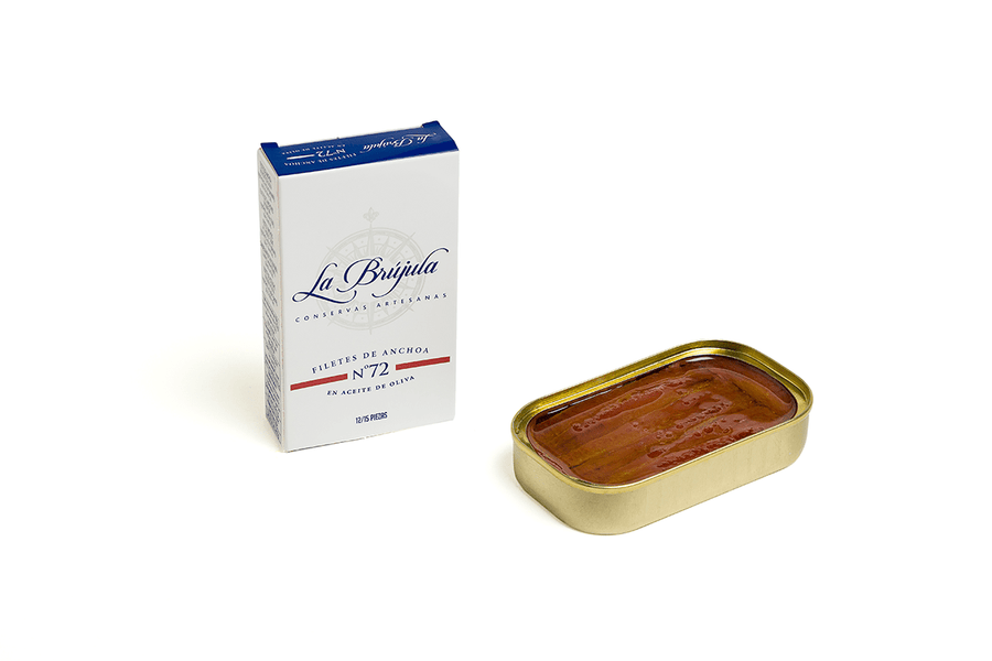Package and open can of LaBrujula Anchovies in Olive Oil N 72 Flat Fillets Spain3oz