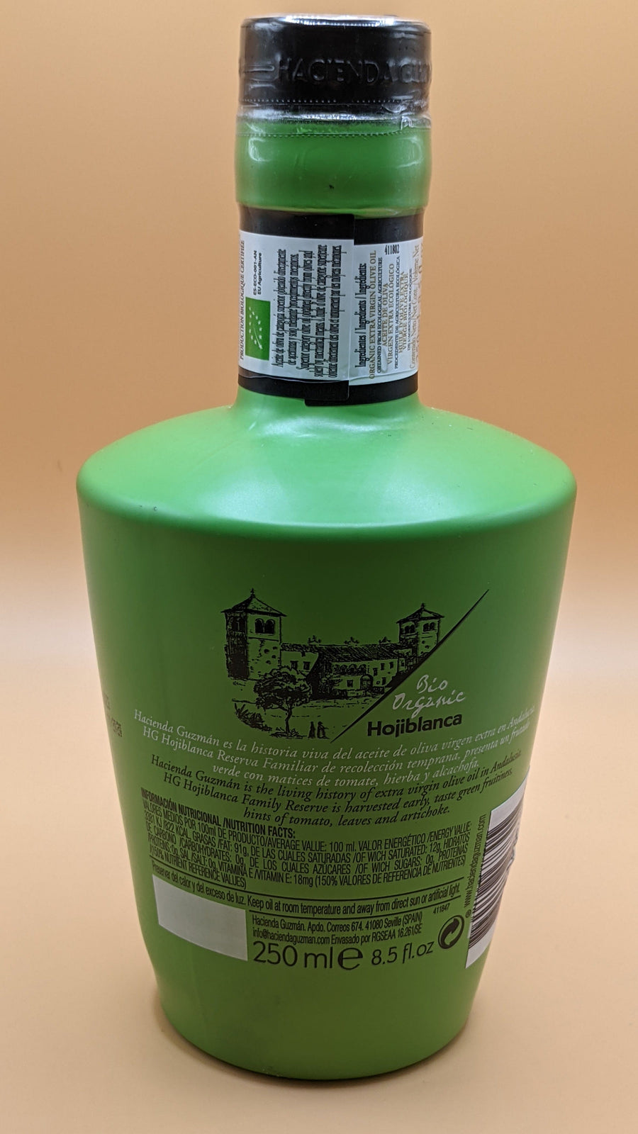 Green-bottle-HaciendaGuzmanHojiblancaExtraVirginOliveOil-Organic1-Real-Gourmet-Food-Back-of-bottle